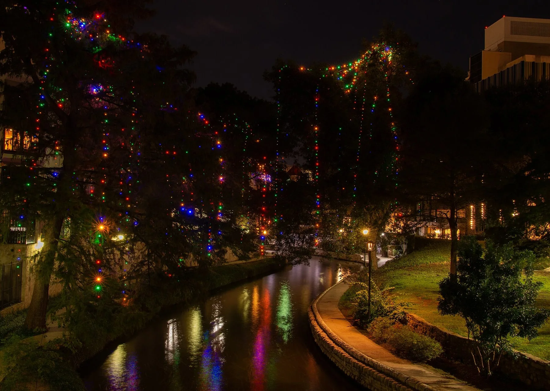 The San Antonio River Walk with seasonal Christmas lighting